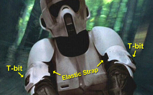 Screencap image pointing out the t-bits and the Elastic straps used on the bicep armor parts.