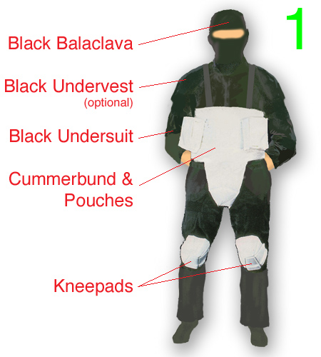 Step 1 - Black Balaclava, Black Jumpsuit, Black Undervest, White Cummerbund and Pouches, Kneepads