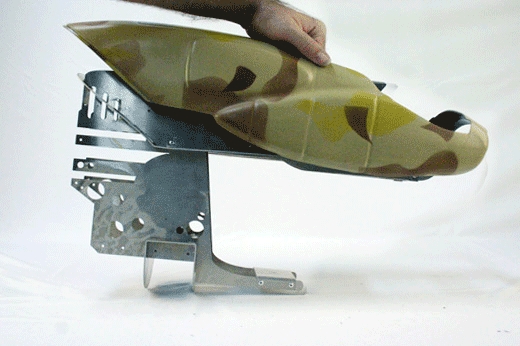 Animated gif showing how the Horizontal Plate sits under the Upper Shell and the area on the shell where the L-bracket can be safely mounted.